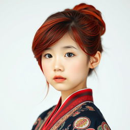 A young Asian girl with striking red hair, styled elegantly, showcasing unique cultural fashion