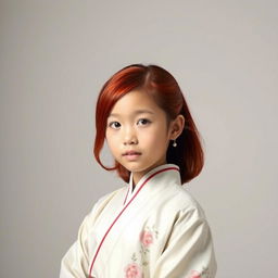 A young Asian girl with striking red hair, styled elegantly, showcasing unique cultural fashion