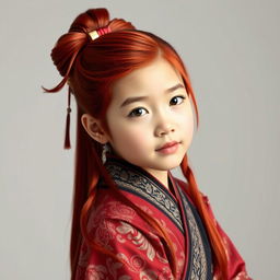 A young Asian girl with striking red hair, styled elegantly, showcasing unique cultural fashion