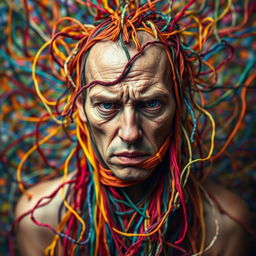 Abstract representation of compulsivity, portrayed as a human figure entangled in colorful threads, symbolizing the complexity and chaos of repeating actions