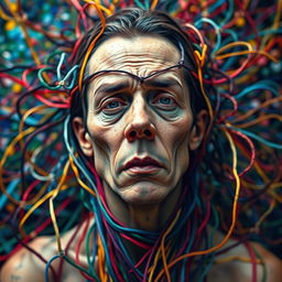 Abstract representation of compulsivity, portrayed as a human figure entangled in colorful threads, symbolizing the complexity and chaos of repeating actions