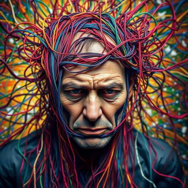 Abstract representation of compulsivity, portrayed as a human figure entangled in colorful threads, symbolizing the complexity and chaos of repeating actions