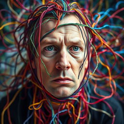 Abstract representation of compulsivity, portrayed as a human figure entangled in colorful threads, symbolizing the complexity and chaos of repeating actions