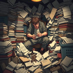 A person experiencing compulsive behavior, surrounded by various items like stacks of books, scattered papers, and overflowing bins