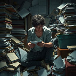 A person experiencing compulsive behavior, surrounded by various items like stacks of books, scattered papers, and overflowing bins