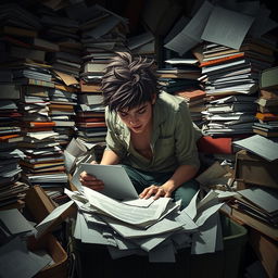 A person experiencing compulsive behavior, surrounded by various items like stacks of books, scattered papers, and overflowing bins