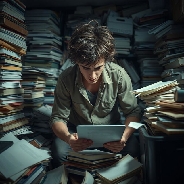 A person experiencing compulsive behavior, surrounded by various items like stacks of books, scattered papers, and overflowing bins