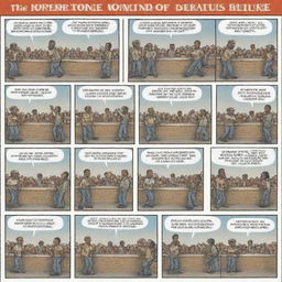 An engaging comic strip illustrating the concept of democracy in society. The strip should contain various scenes depicting voting, open discussions, and peaceful demonstrations, symbolizing the power of voice and choice in democratic settings.