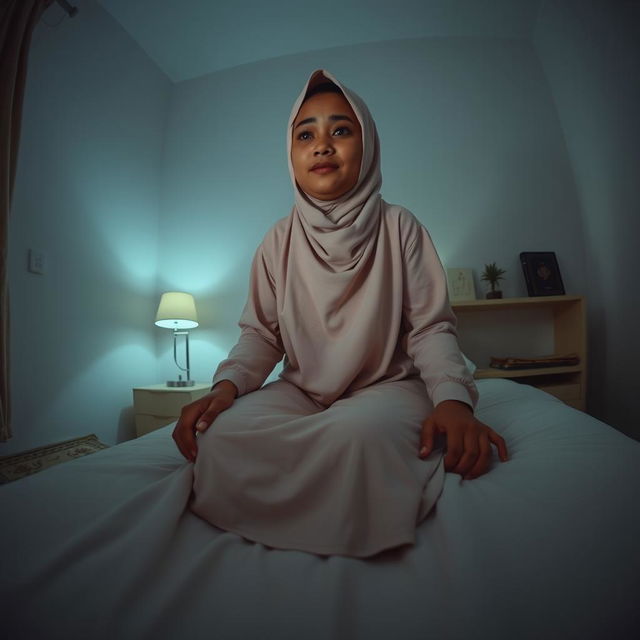 A wide-angle view of a bedroom at night featuring Ustadzah Anisa sitting up on her bed