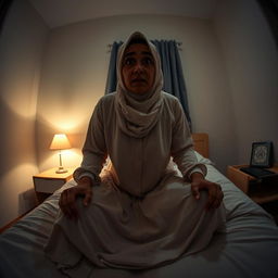 A wide-angle view of a bedroom at night featuring Ustadzah Anisa sitting up on her bed