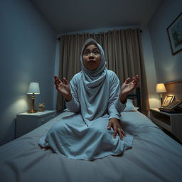 A wide-angle view of a bedroom at night featuring Ustadzah Anisa sitting up on her bed