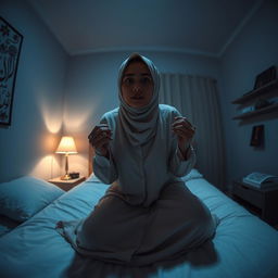 A wide-angle view of a bedroom at night featuring Ustadzah Anisa sitting up on her bed