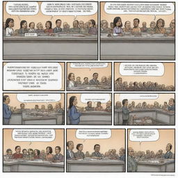 An engaging comic strip illustrating the concept of democracy in society. The strip should contain various scenes depicting voting, open discussions, and peaceful demonstrations, symbolizing the power of voice and choice in democratic settings.