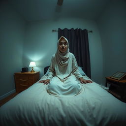 A wide-angle view of a bedroom at night featuring Ustadzah Anisa sitting up on her bed