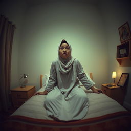 A wide-angle view of a bedroom at night featuring Ustadzah Anisa sitting up on her bed