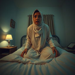 A wide-angle view of a bedroom at night featuring Ustadzah Anisa sitting up on her bed