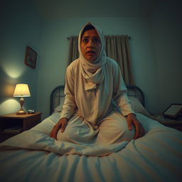 A wide-angle view of a bedroom at night featuring Ustadzah Anisa sitting up on her bed