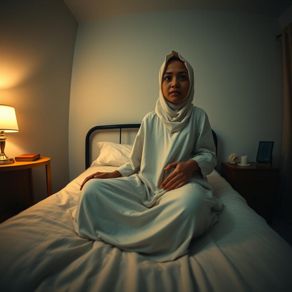 A wide-angle view of a bedroom at night featuring Ustadzah Anisa sitting up on her bed