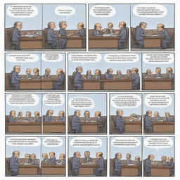 An engaging comic strip illustrating the concept of democracy in society. The strip should contain various scenes depicting voting, open discussions, and peaceful demonstrations, symbolizing the power of voice and choice in democratic settings.