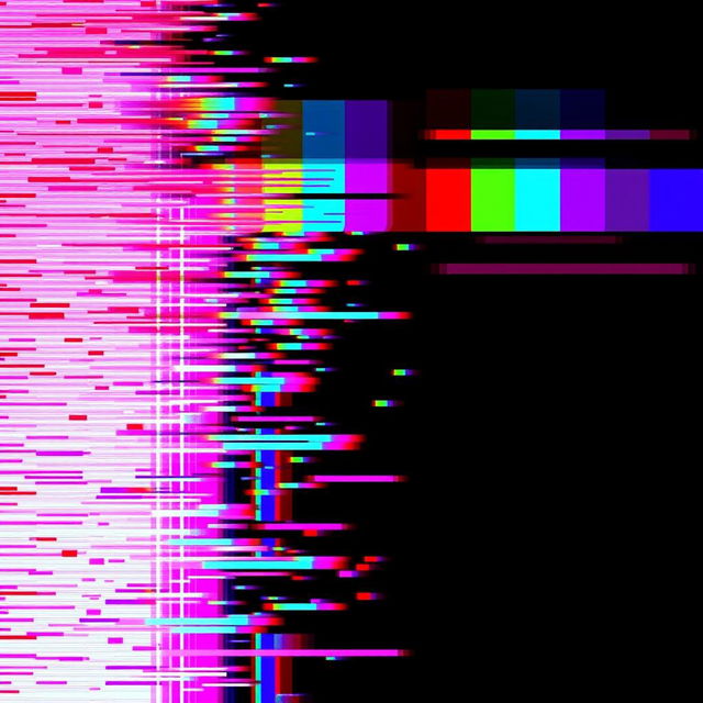 A glitch art image displaying vibrant colors with distorted patterns against a dark background