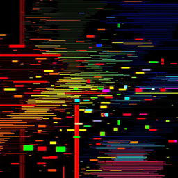 A glitch art image displaying vibrant colors with distorted patterns against a dark background