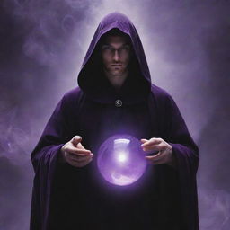 A novel cover showcasing a mysterious robed figure, holding a magic ball radiating with a glowing purplish aura that exudes a sense of mystery and intimidation.