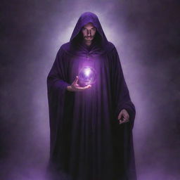 A novel cover showcasing a mysterious robed figure, holding a magic ball radiating with a glowing purplish aura that exudes a sense of mystery and intimidation.