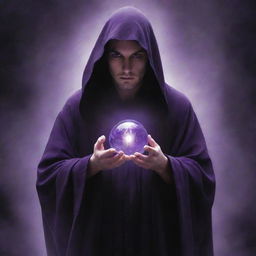 A novel cover showcasing a mysterious robed figure, holding a magic ball radiating with a glowing purplish aura that exudes a sense of mystery and intimidation.