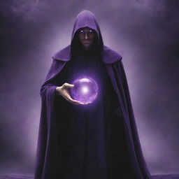 A novel cover showcasing a mysterious robed figure, holding a magic ball radiating with a glowing purplish aura that exudes a sense of mystery and intimidation.