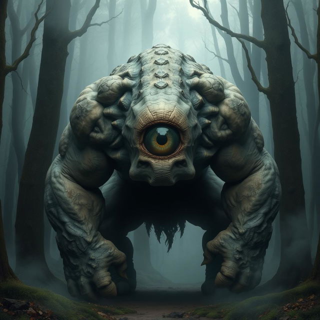 A hunched cyclops creature with a single, large eye in the center of its forehead