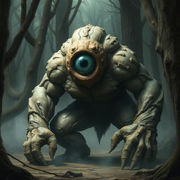 A hunched cyclops creature with a single, large eye in the center of its forehead