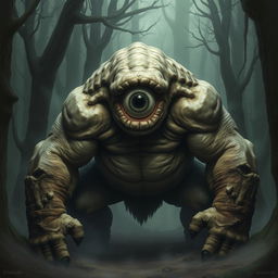 A hunched cyclops creature with a single, large eye in the center of its forehead