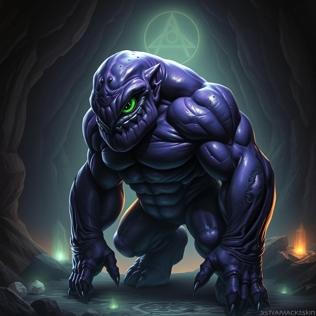 A hunched, athletic cyclops with a dark violet skin tone and a single, vibrant green eye