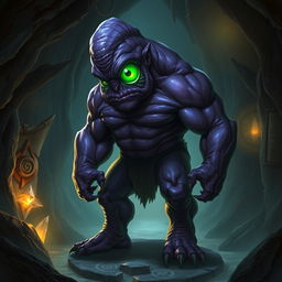 A hunched, athletic cyclops with a dark violet skin tone and a single, vibrant green eye