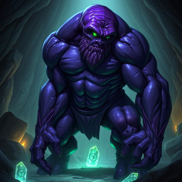 A hunched, athletic cyclops with a dark violet skin tone and a single, vibrant green eye