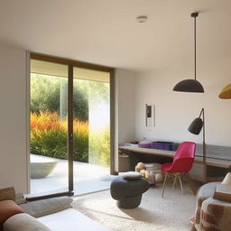 Interior of a modern house featuring sleek lines, minimalistic furniture, and accentuated by pops of color and natural sunlight.