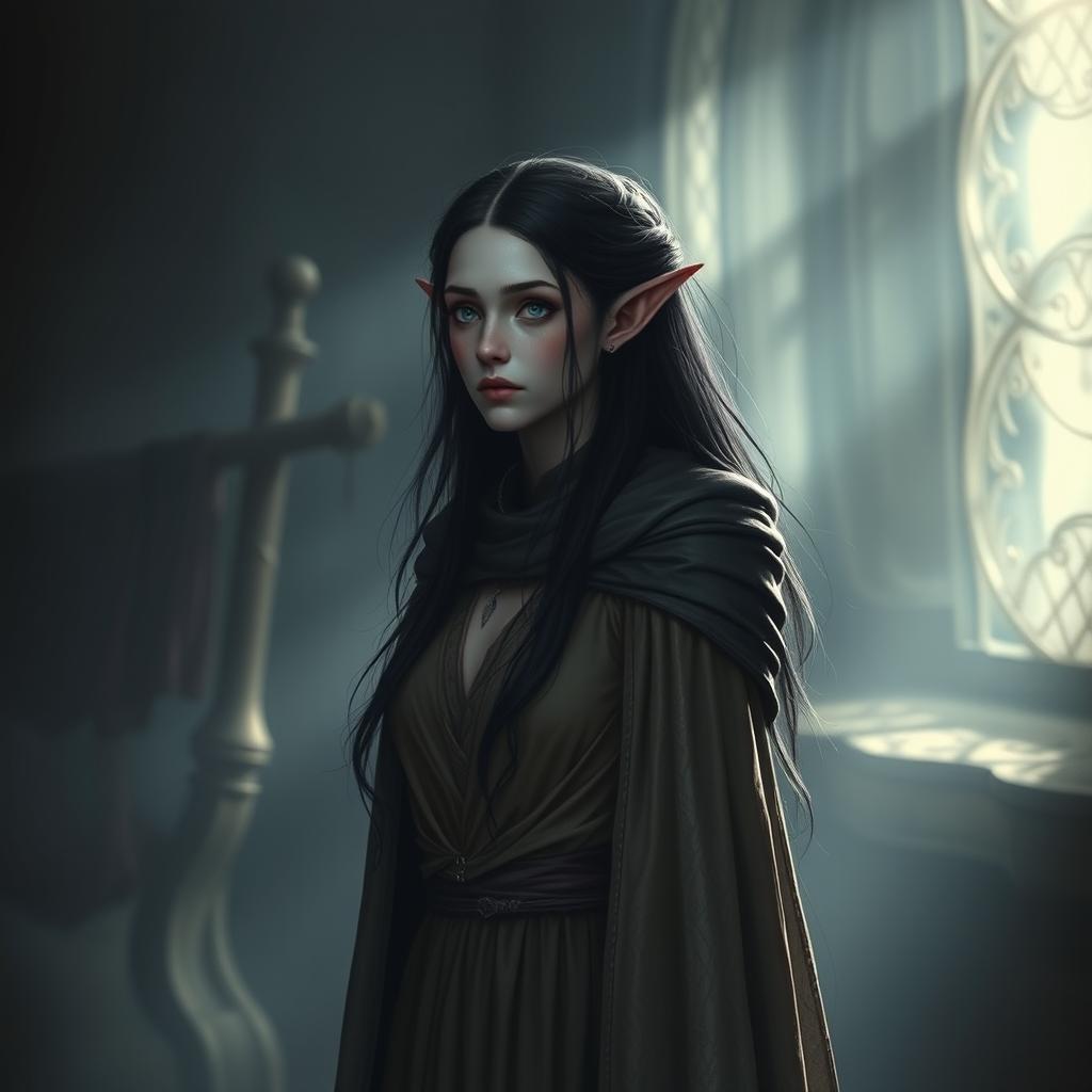 A 32-year-old tiefling female with a thin frame, wearing an old but comfortable-looking evening gown and a cloak