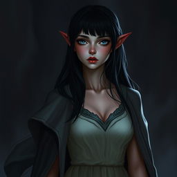 A 32-year-old tiefling female with a thin frame, wearing an old but comfortable-looking evening gown and a cloak