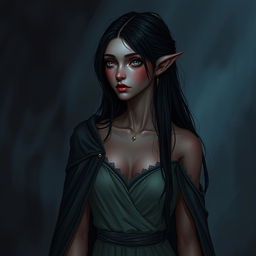 A 32-year-old tiefling female with a thin frame, wearing an old but comfortable-looking evening gown and a cloak