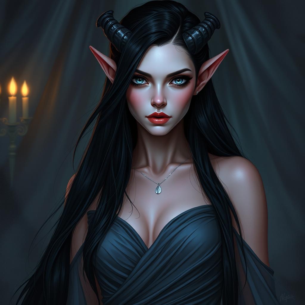 A tiefling female with long black hair and striking grey-blue eyes that contrast with her pale red skin