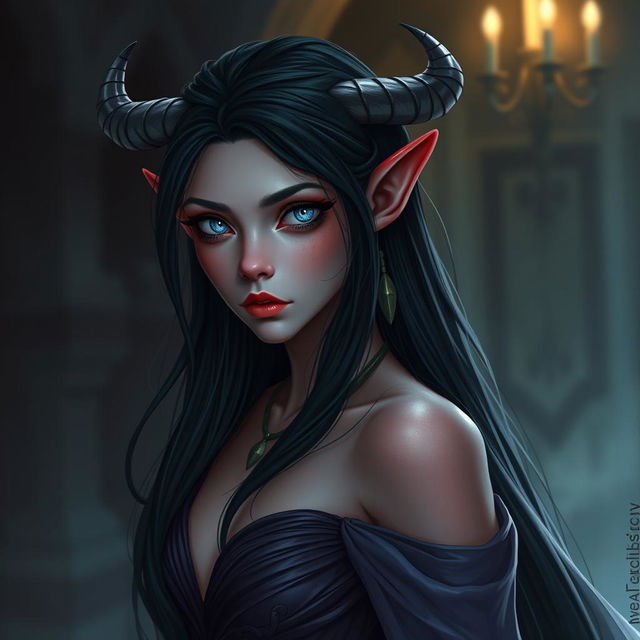 A tiefling female with long black hair and striking grey-blue eyes that contrast with her pale red skin