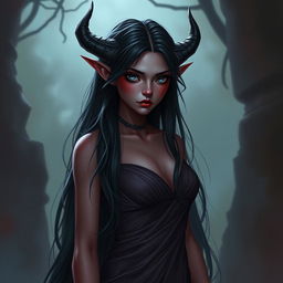 A tiefling female with long black hair and striking grey-blue eyes that contrast with her pale red skin