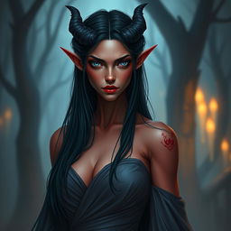 A tiefling female with long black hair and striking grey-blue eyes that contrast with her pale red skin