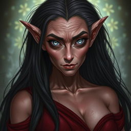 An older tiefling female, gracefully aged, with long black hair and striking grey-blue eyes that contrast with her pale red skin