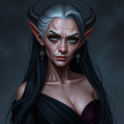 An older tiefling female, gracefully aged, with long black hair and striking grey-blue eyes that contrast with her pale red skin