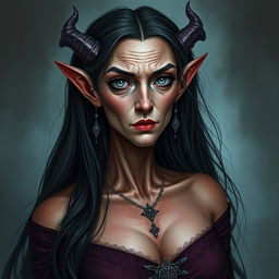 An older tiefling female, gracefully aged, with long black hair and striking grey-blue eyes that contrast with her pale red skin