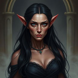 An older tiefling female, gracefully aged, with long black hair and striking grey-blue eyes that contrast with her pale red skin