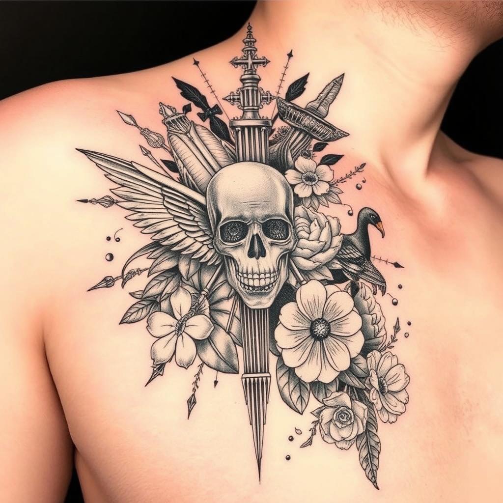 Tattoo design incorporating detailed elements from the provided images, seamlessly blending them together to create a unique yet cohesive piece