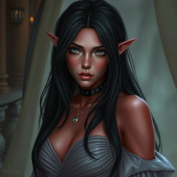 A tiefling female with long black hair cascading down, highlighting her striking grey-blue eyes