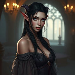 A tiefling female with long black hair cascading down, highlighting her striking grey-blue eyes